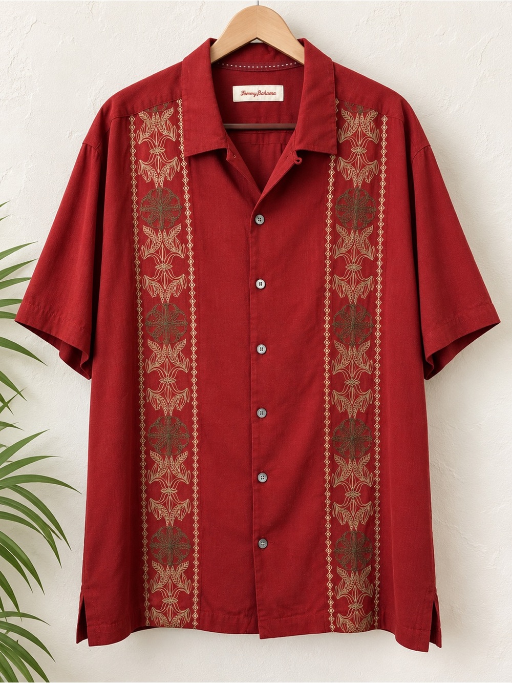 Vintage Tommy Bahama Silk Camp Shirt XLX Big Tall Red Embroidered Jacquard Y2K